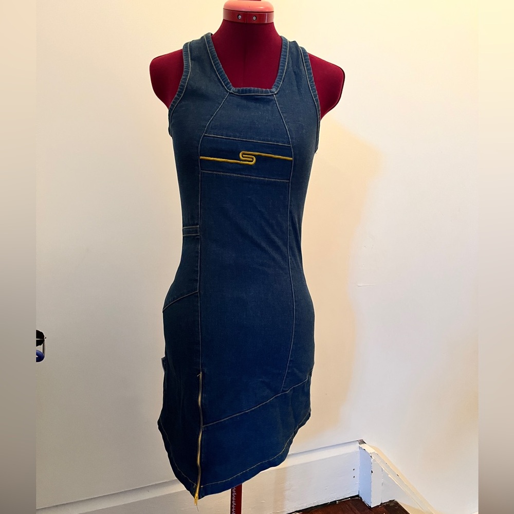Denim Asymmetrical Tank Dress with Gold Trim